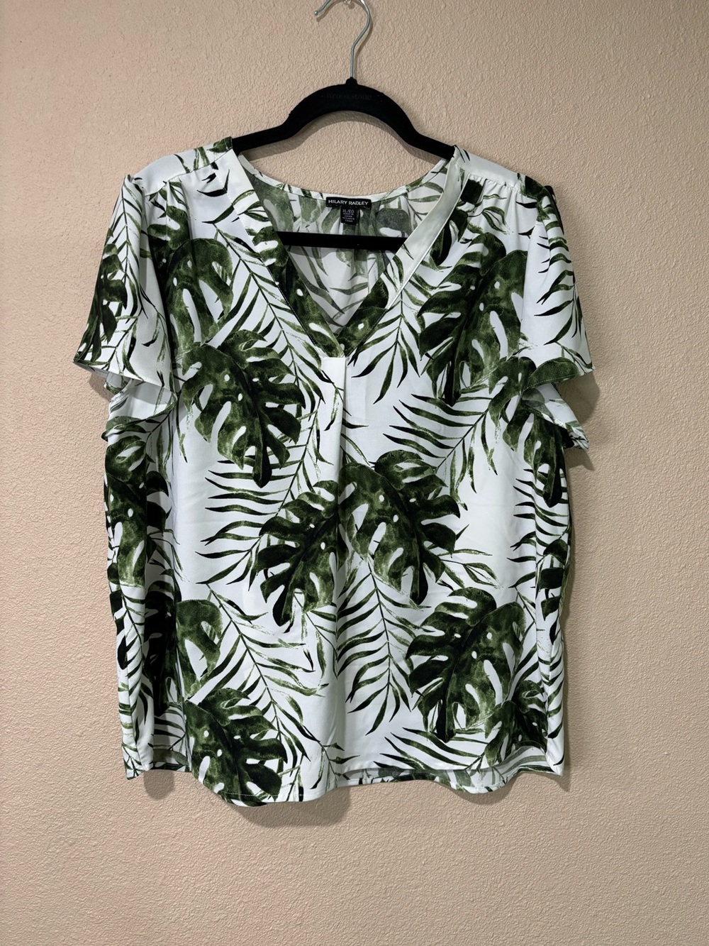 Hilary Radley White Blouse with Green Tropical Leaf Print